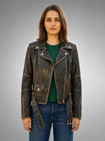 Martha Distressed Brown Biker Leather Jacket for Women