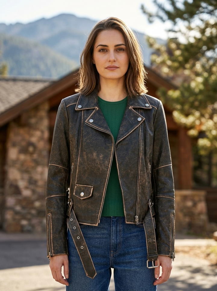 Martha Distressed Brown Biker Leather Jacket for Women