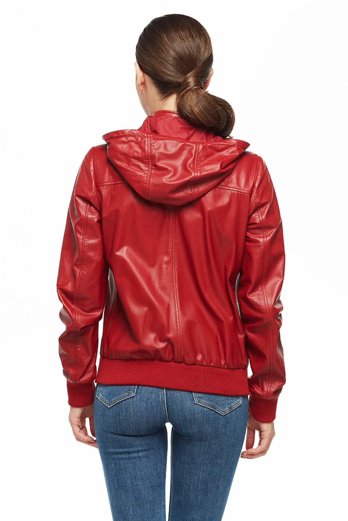 Alison Red Bomber Leather Jacket with Hood For Women