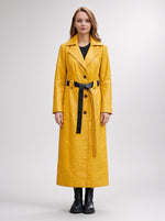 Mary Long Yellow Leather Coat With Center Belt For Women