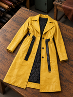 Mary Long Yellow Leather Coat With Center Belt For Women