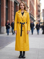 Mary Long Yellow Leather Coat With Center Belt For Women