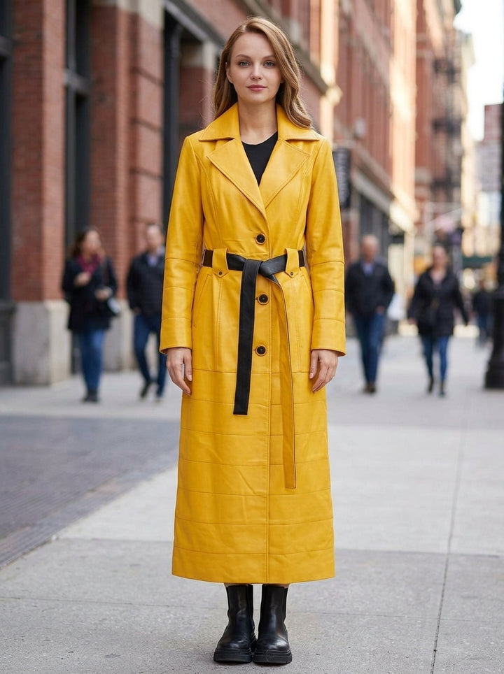 Mary Long Yellow Leather Coat With Center Belt For Women