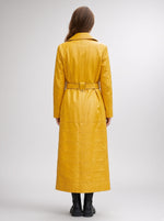 Mary Long Yellow Leather Coat With Center Belt For Women