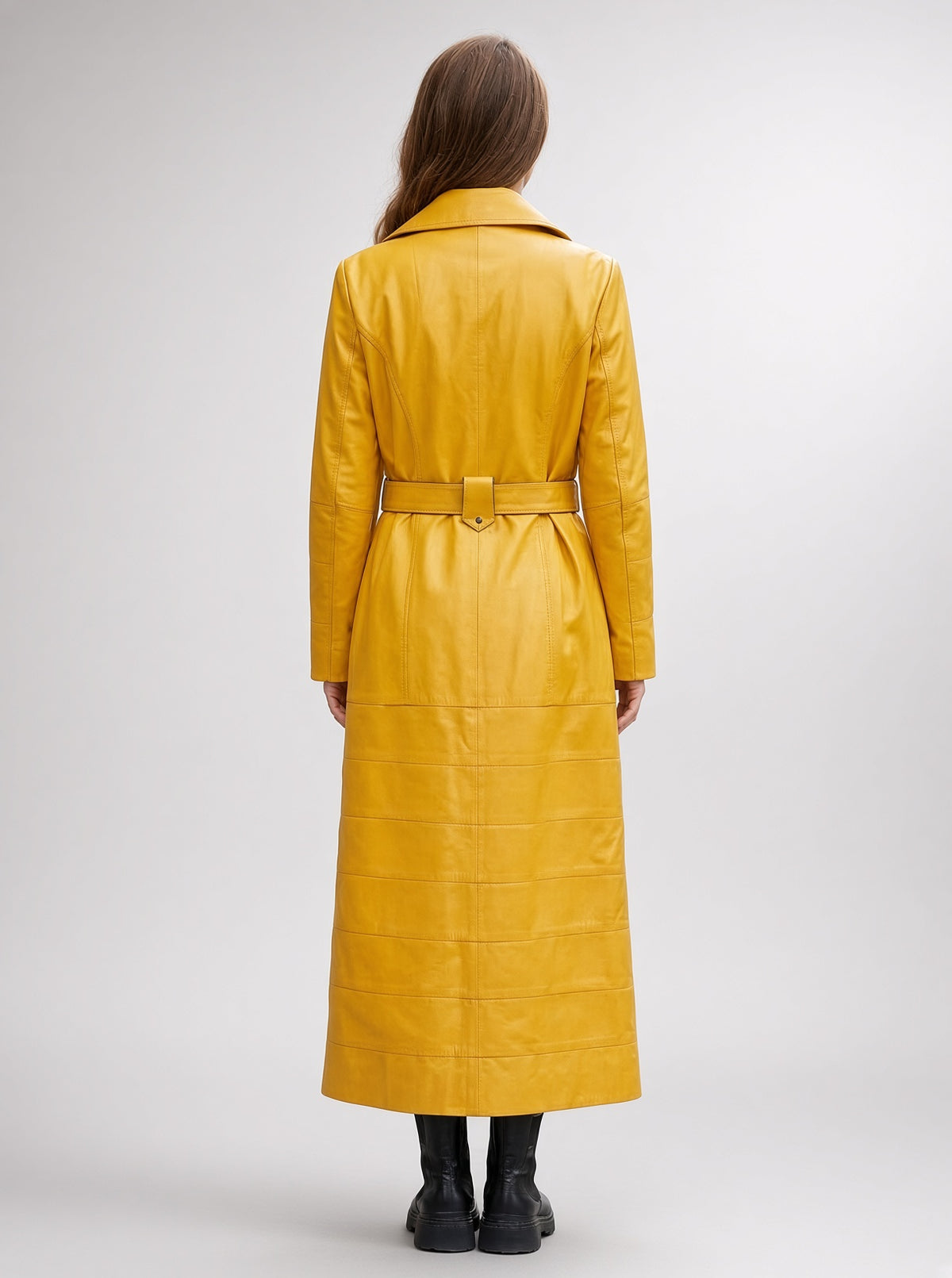 Mary Long Yellow Leather Coat With Center Belt For Women