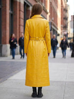 Mary Long Yellow Leather Coat With Center Belt For Women