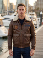 Aviator  Pilot Fur Collar with Emblem Brown Leather Jacket For Men