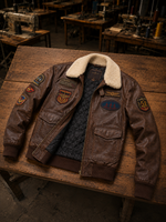 Aviator  Pilot Fur Collar with Emblem Brown Leather Jacket For Men