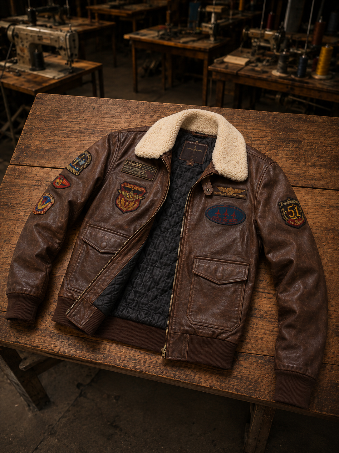 Aviator  Pilot Fur Collar with Emblem Brown Leather Jacket For Men