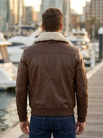 Aviator  Pilot Fur Collar with Emblem Brown Leather Jacket For Men