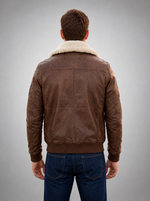 Aviator  Pilot Fur Collar with Emblem Brown Leather Jacket For Men