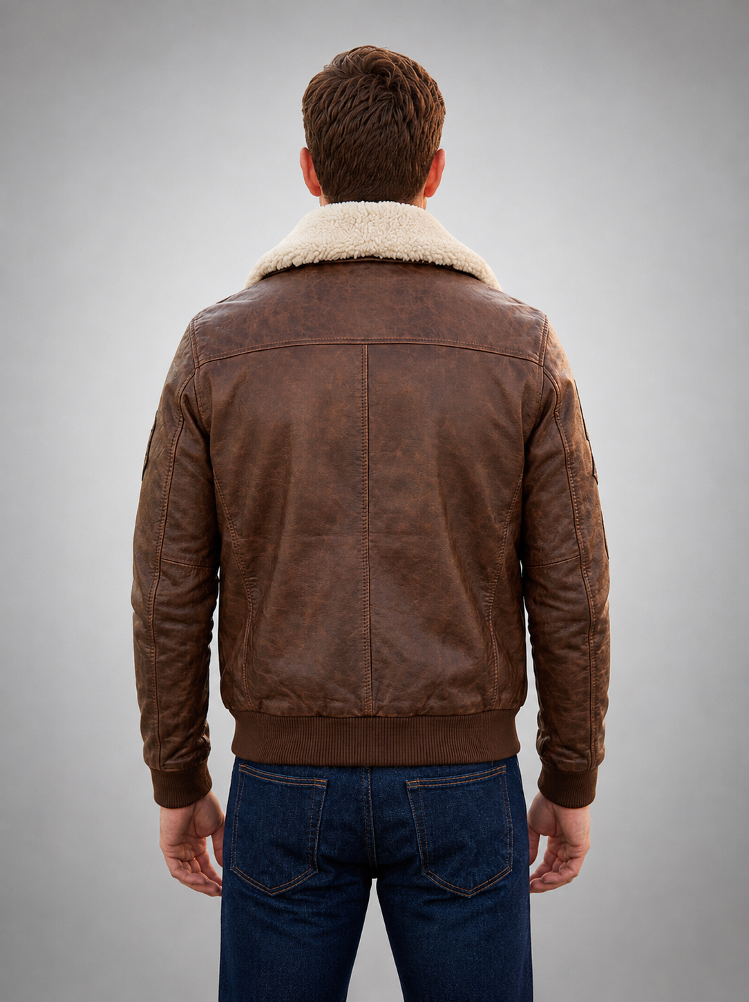 Aviator  Pilot Fur Collar with Emblem Brown Leather Jacket For Men