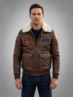 Aviator  Pilot Fur Collar with Emblem Brown Leather Jacket For Men