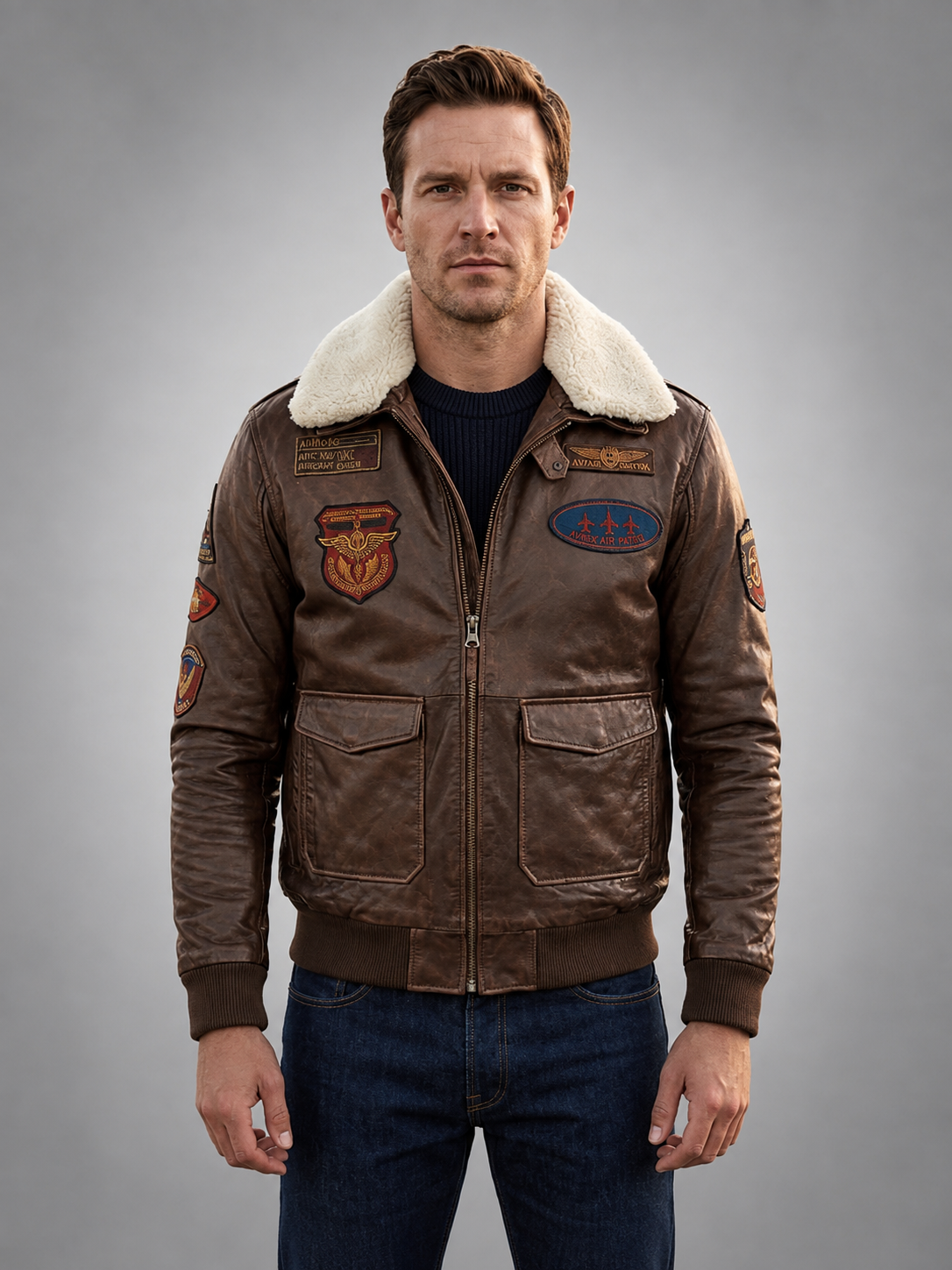 Aviator  Pilot Fur Collar with Emblem Brown Leather Jacket For Men