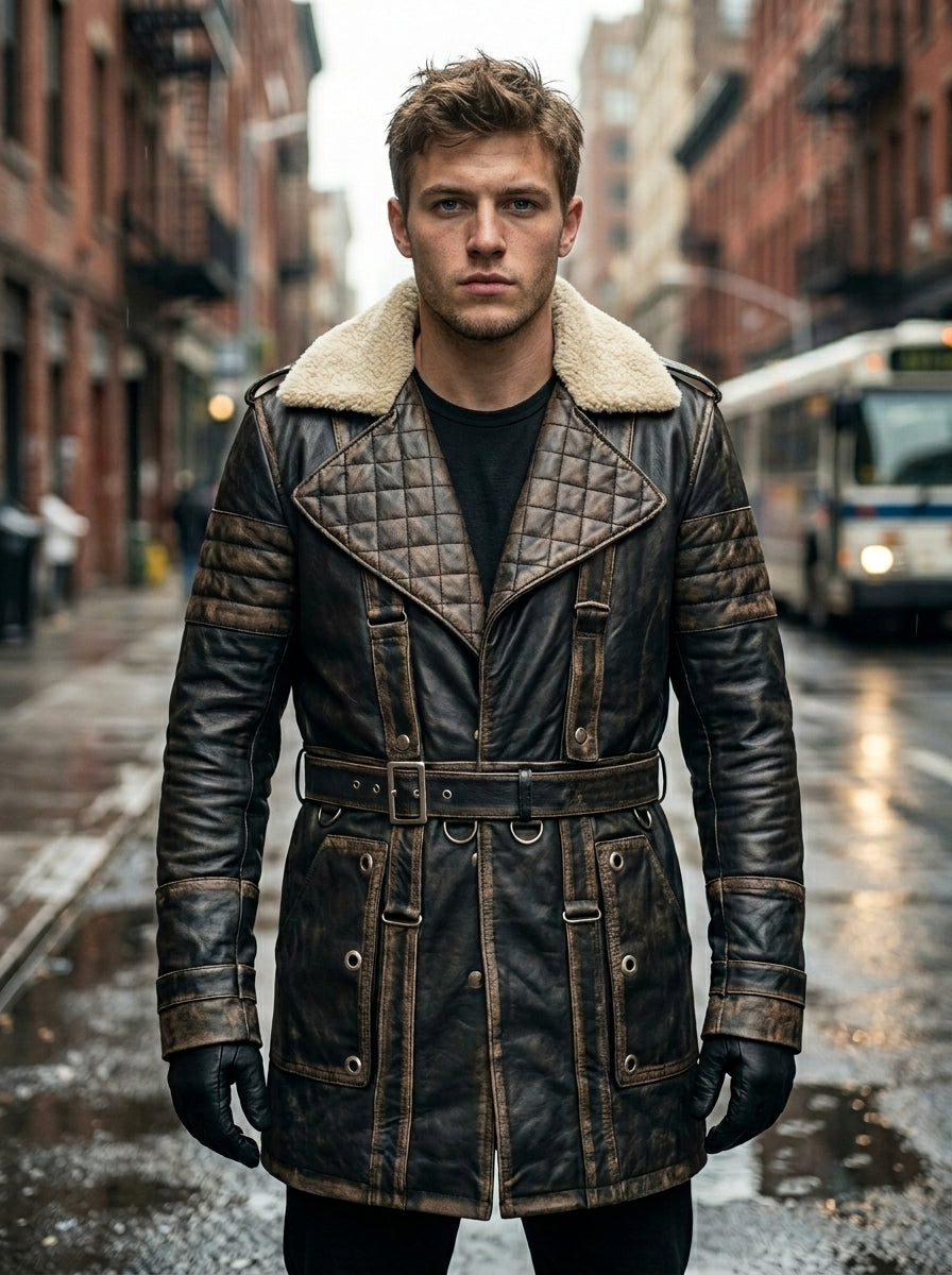 Maxson black Rubuff Quilted Leather coat For Men