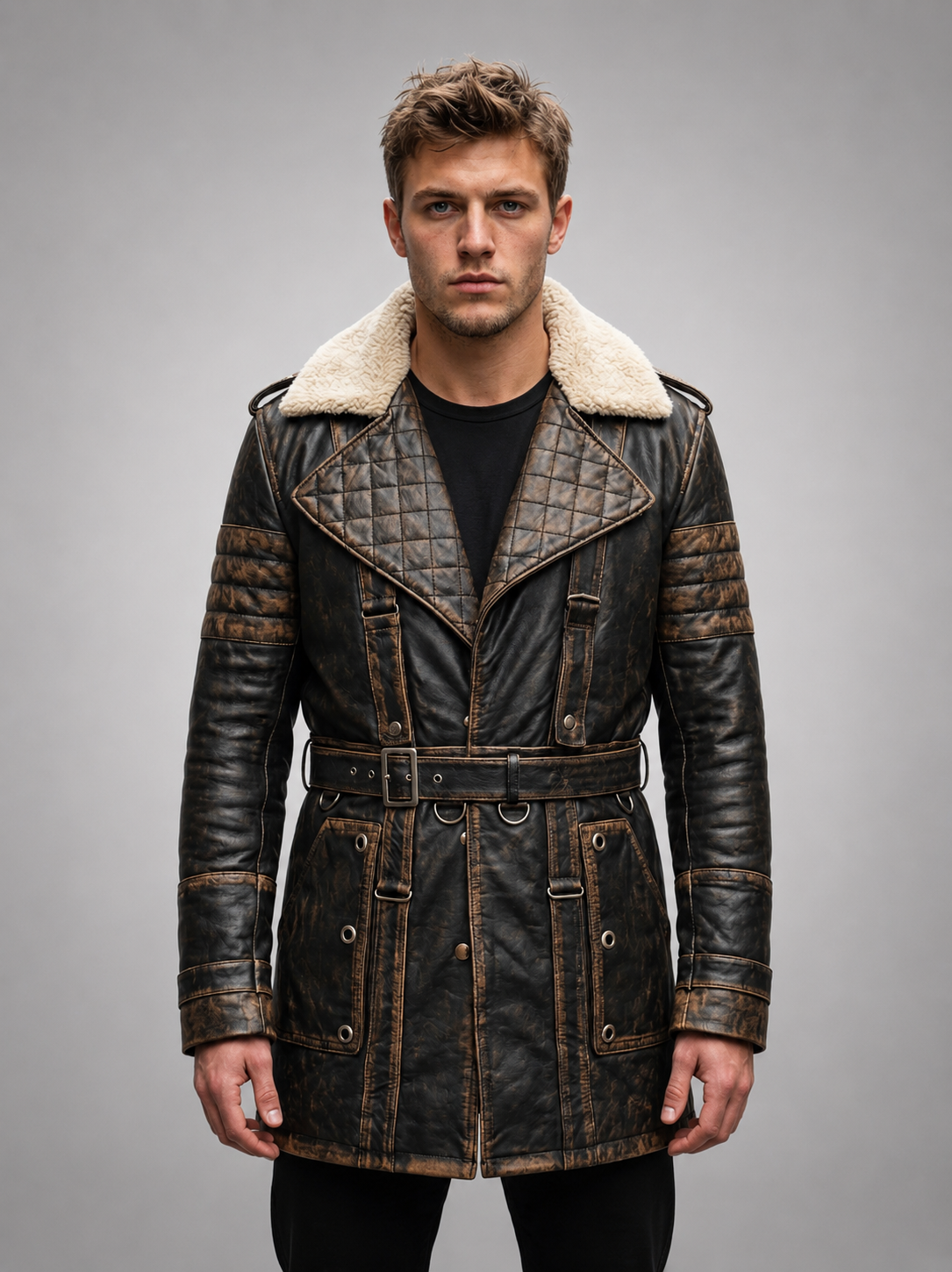Maxson black Rubuff Quilted Leather coat For Men