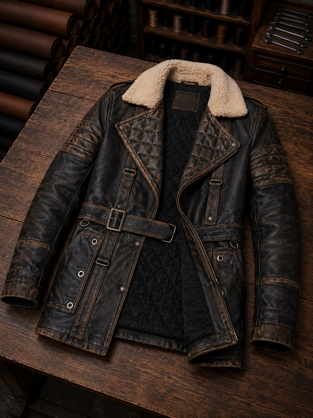Maxson black Rubuff Quilted Leather coat For Men