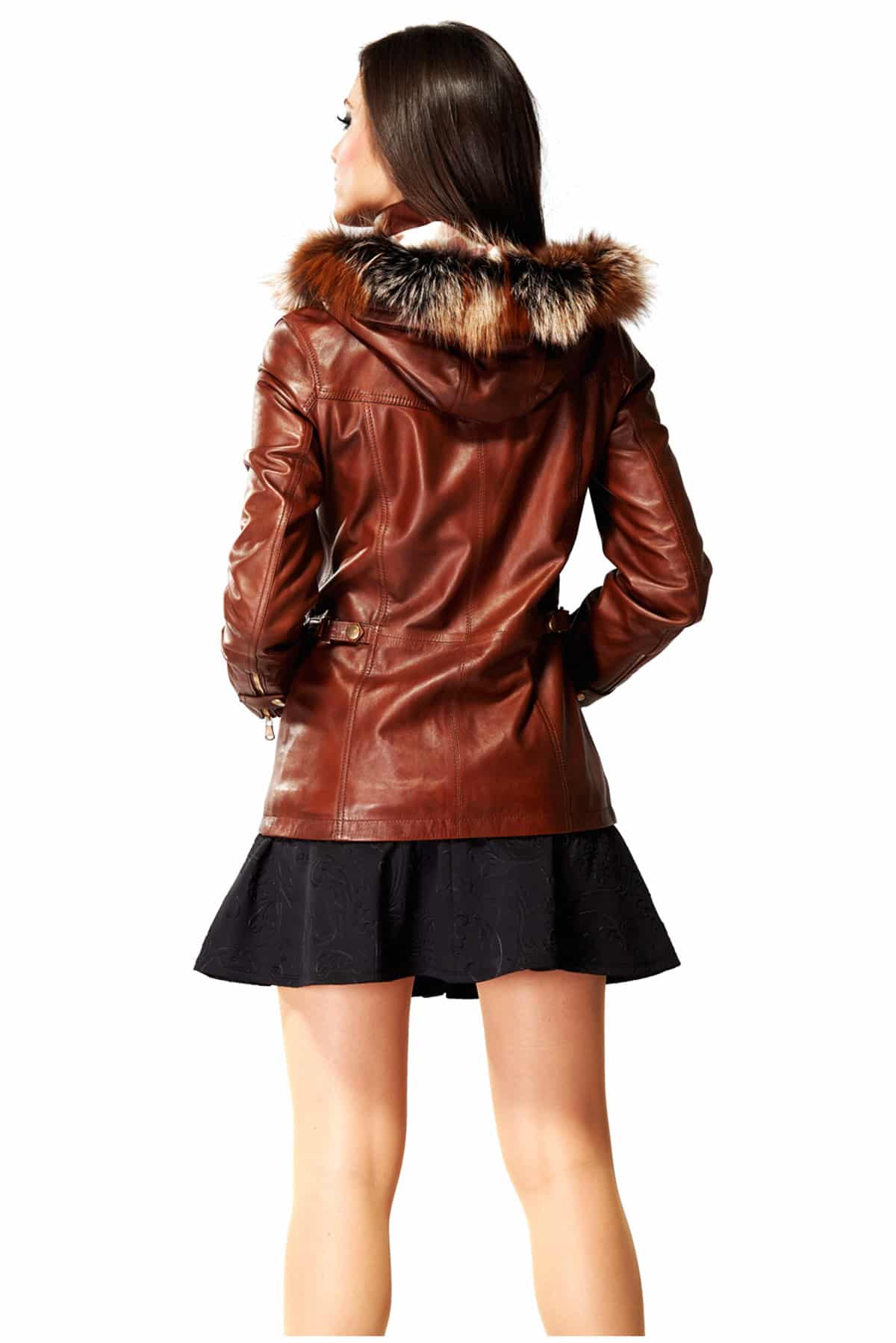 Deborah Brown Fur Hood Leather Jacket For Women