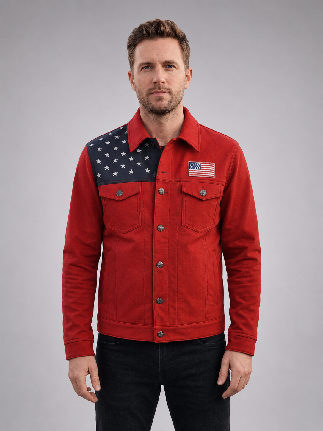 Men Red Jacket With American Flag