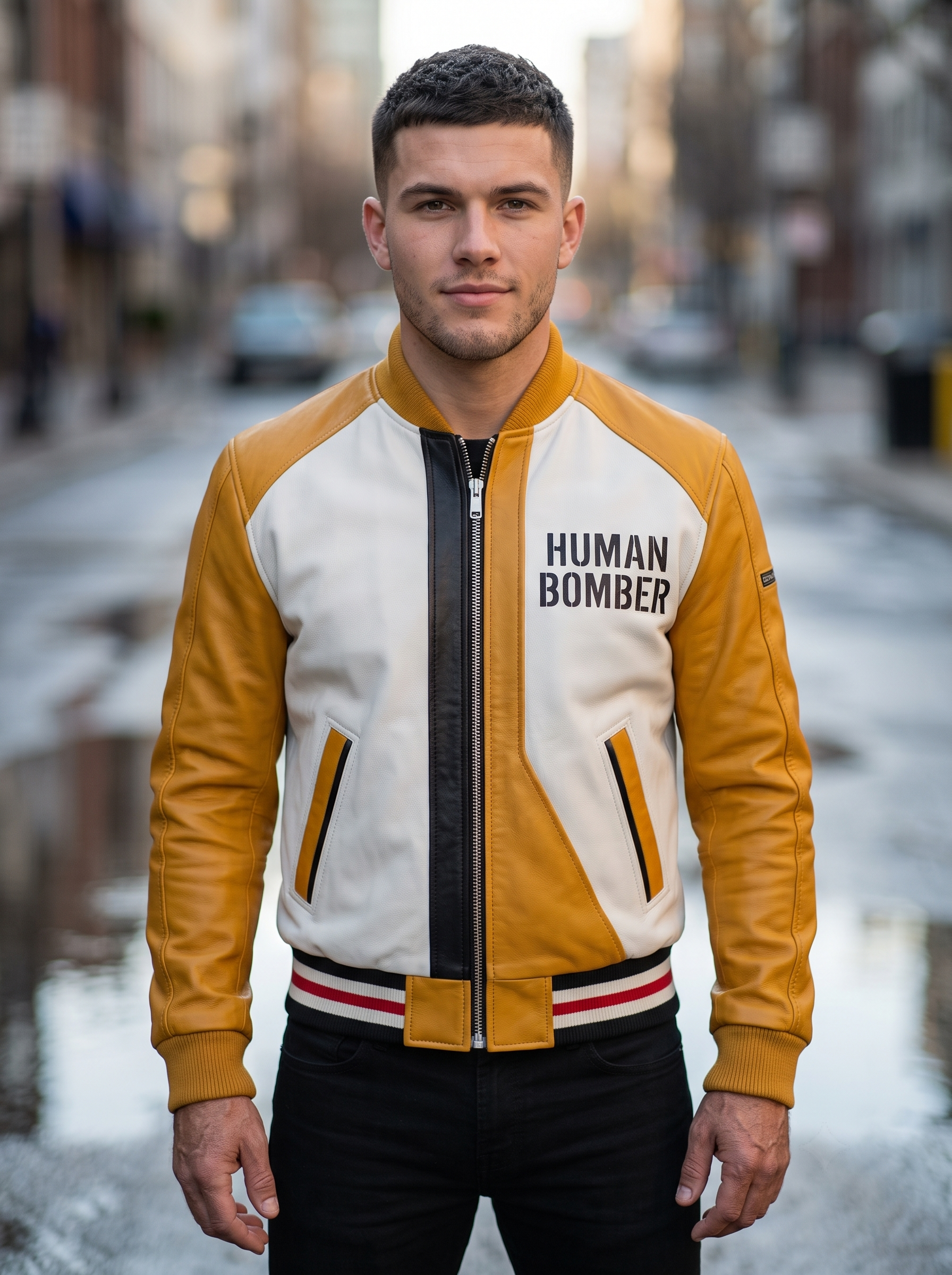 Men Yellow Bomber Cafe Racer Leather Jacket