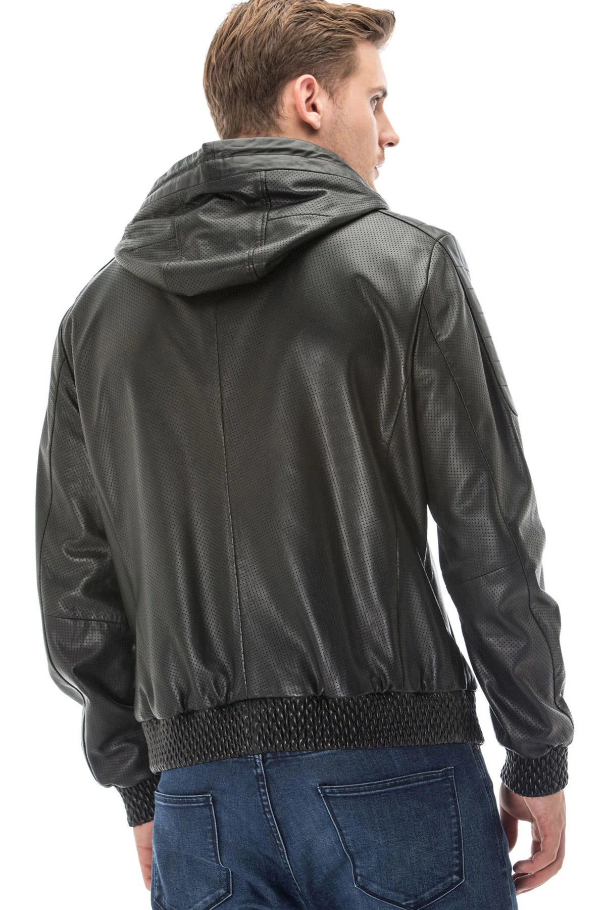 Winston Black Hooded Leather Jacket For Men