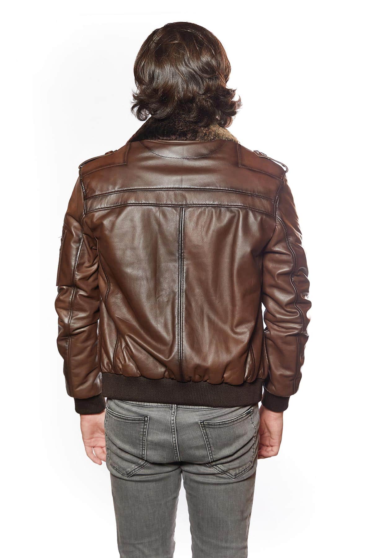 Christian Men Brown Fur Collar Leather Jacket