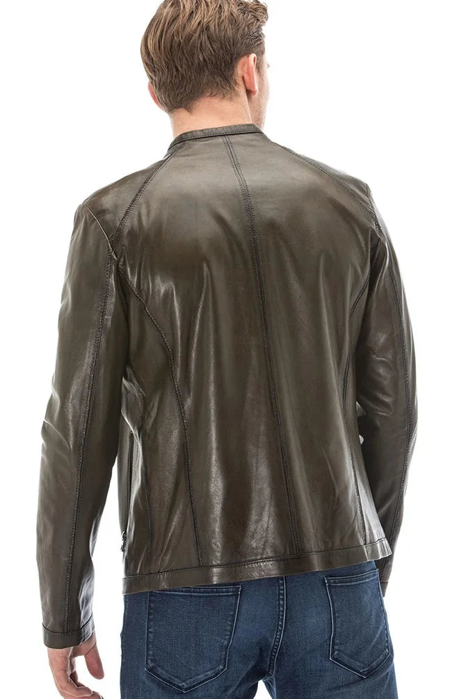 Peter Dark Green Biker Racer Leather Jacket For Men