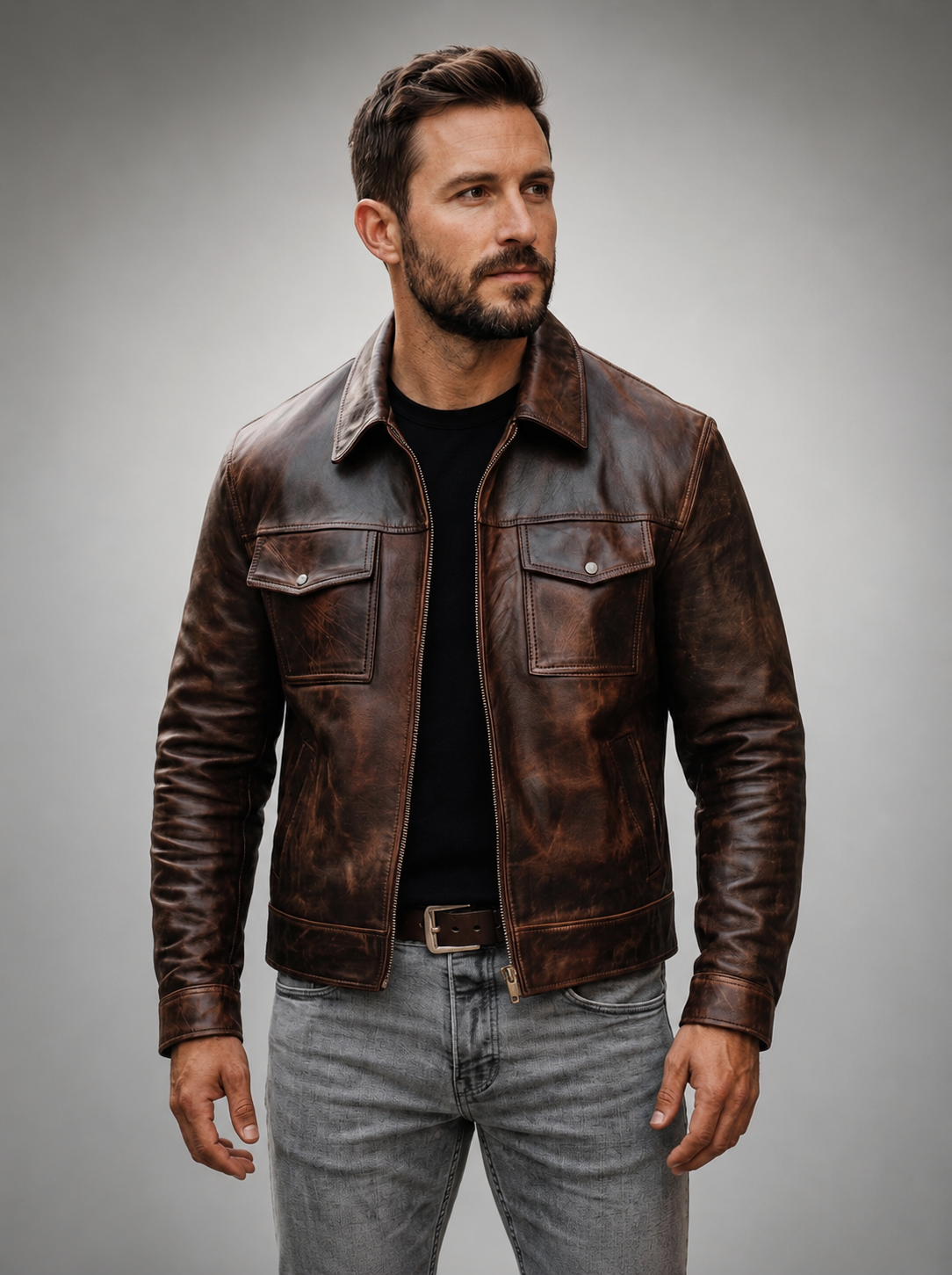 Men's Vintage Distressed Brown Leather Jacket