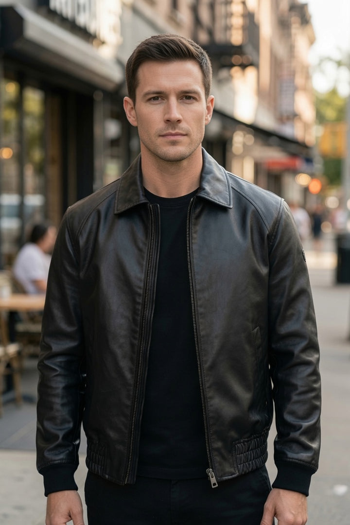 Men’s Black Classic Leather Bomber Jacket