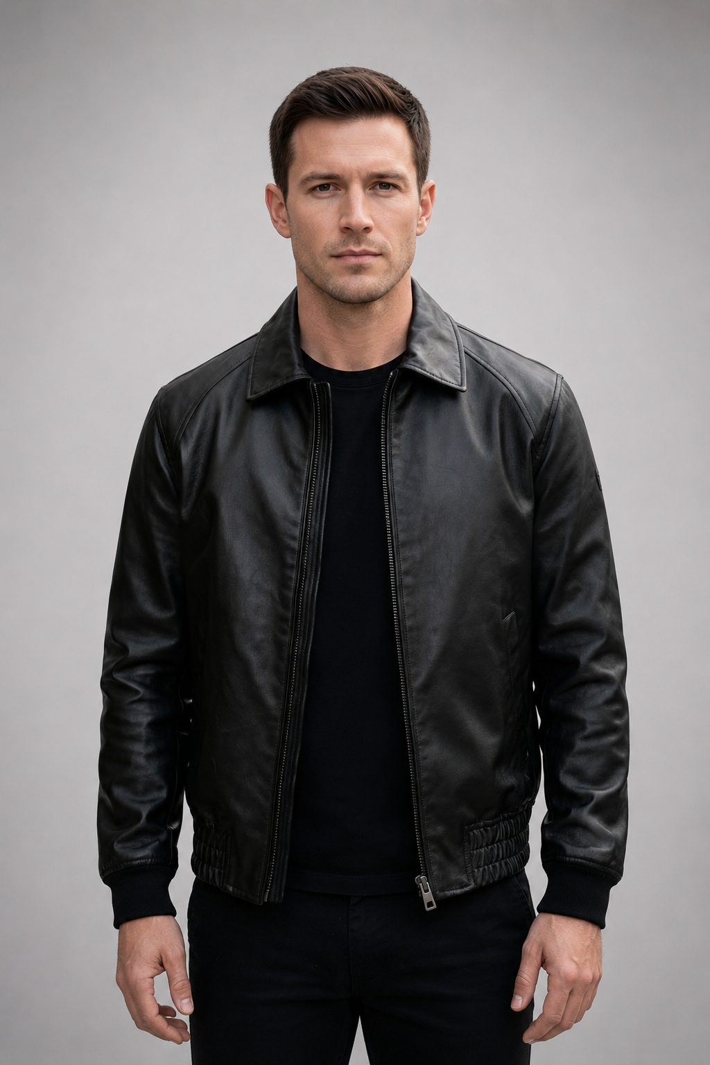 Men’s Black Classic Leather Bomber Jacket