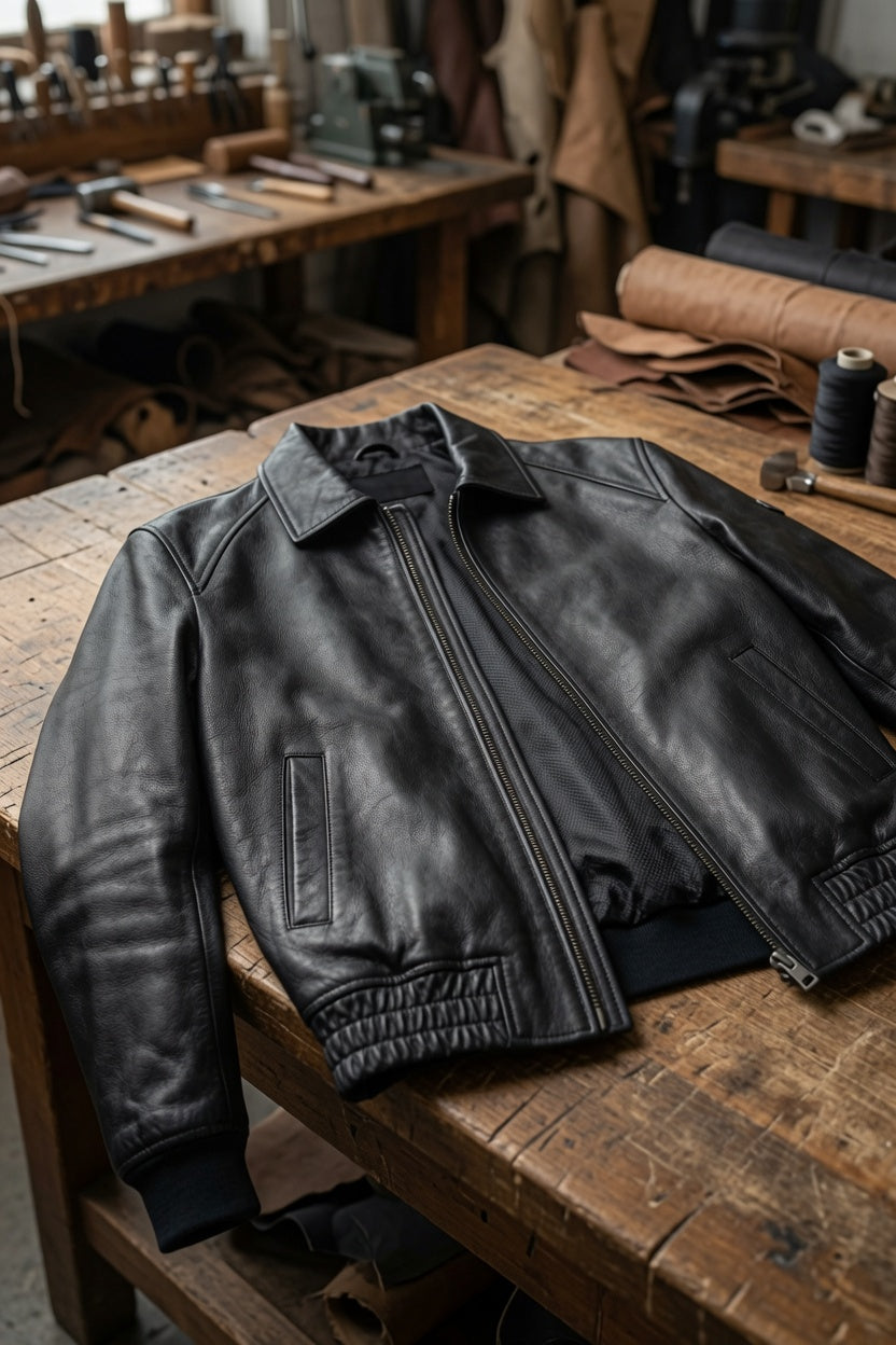 Men’s Black Classic Leather Bomber Jacket
