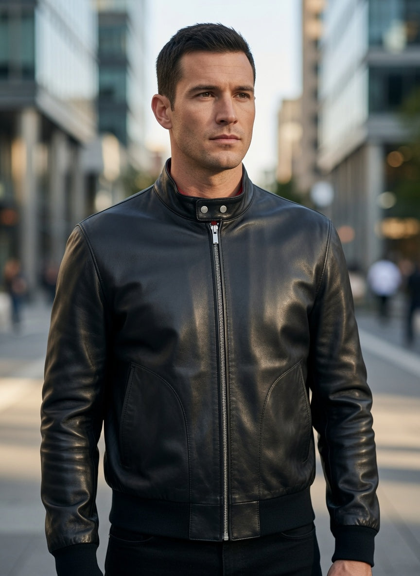 Men’s Black Leather Bomber Jacket