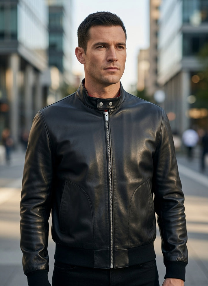 Men’s Black Leather Bomber Jacket