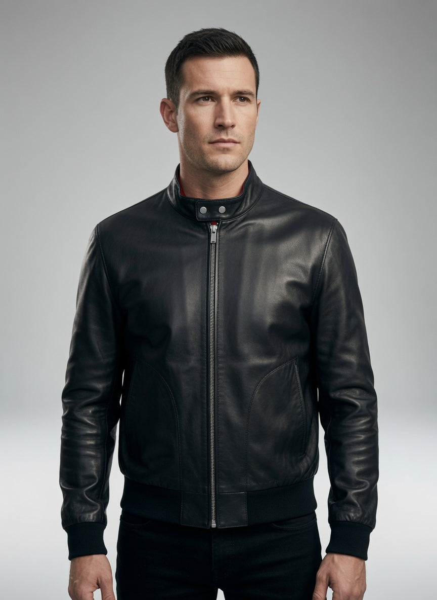 Men’s Black Leather Bomber Jacket