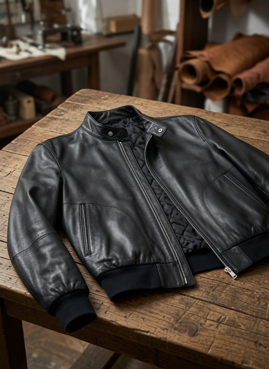 Men’s Black Leather Bomber Jacket