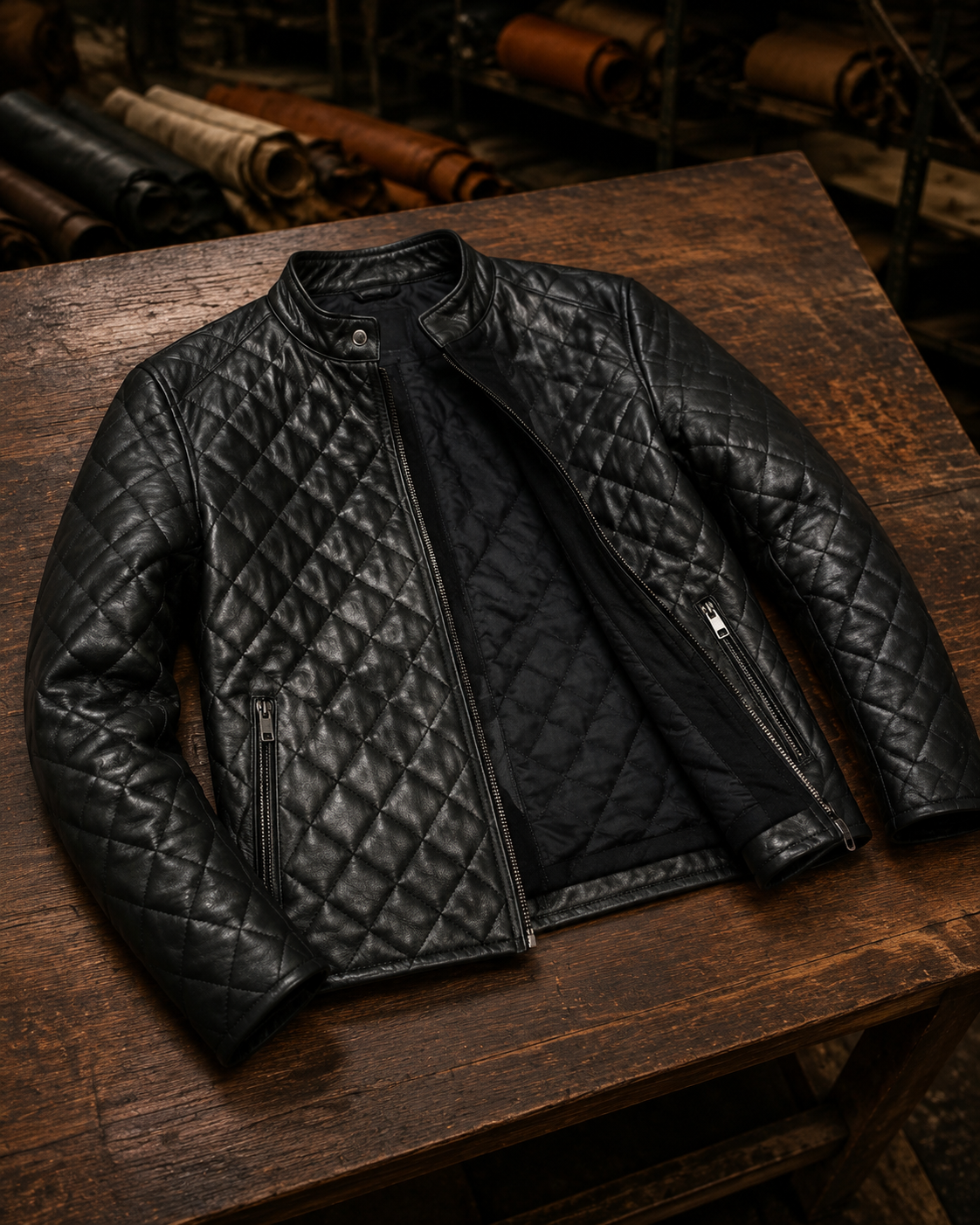 Men’s Diamond-Quilted Leather Racer Jacket