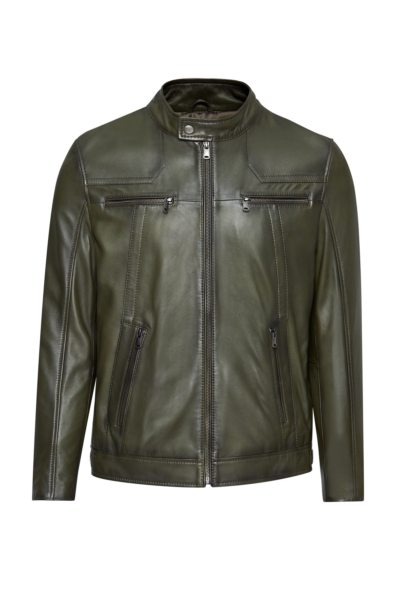 Men's Khaki Mandarin Collar Leather Jacket