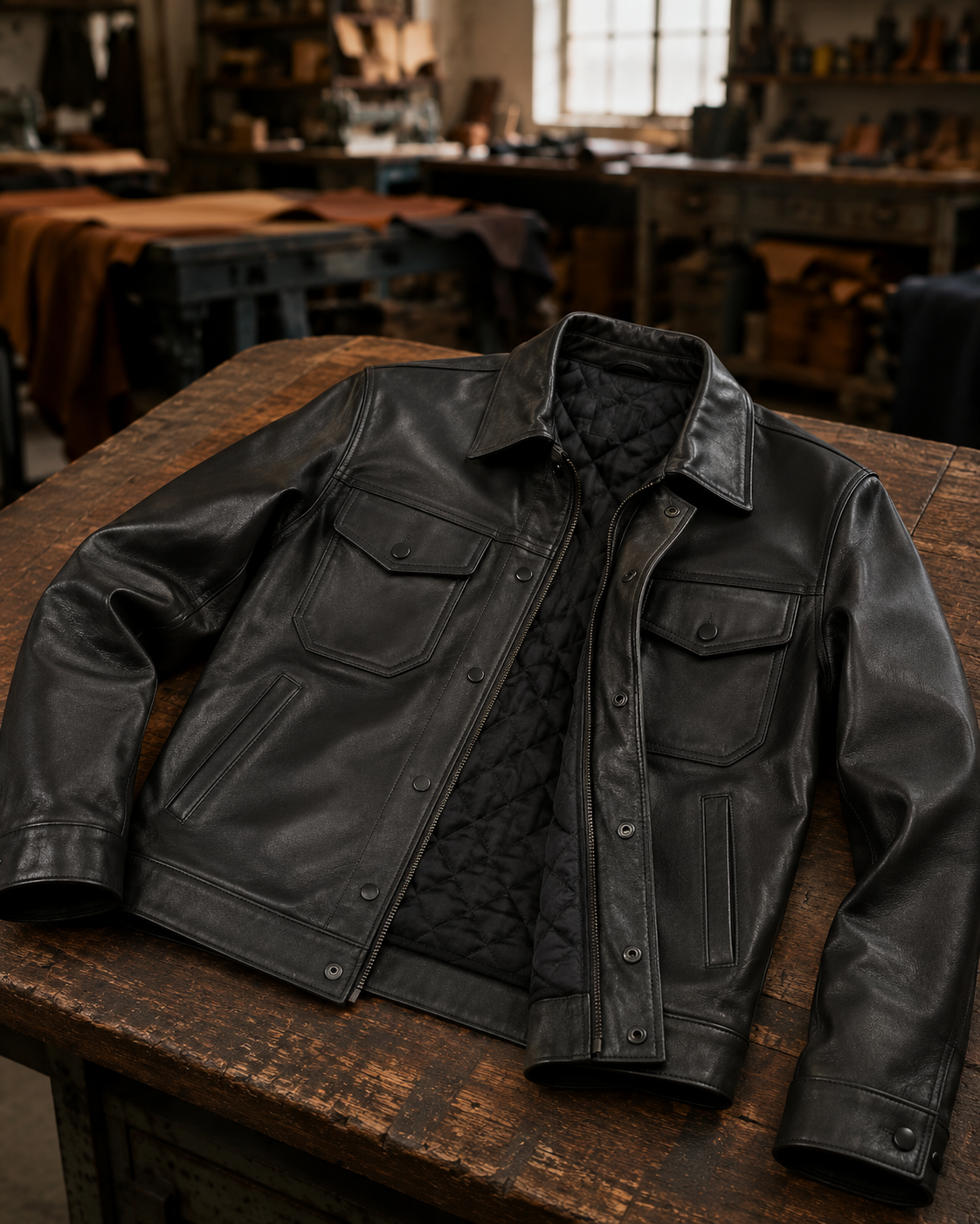 Men’s Premium Black Leather Trucker Jacket