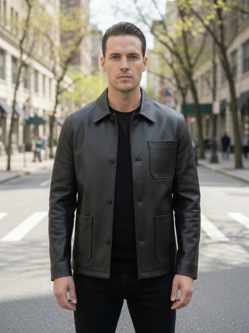 Men’s Premium Matte Black Leather Shirt Jacket