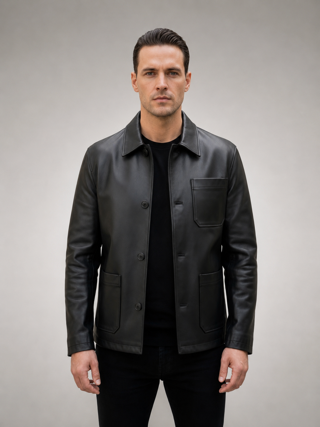Men’s Premium Matte Black Leather Shirt Jacket