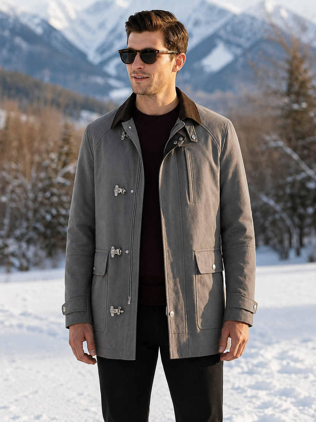 Mikhail Grey Suede Fireman Jacket with Metal Clasps