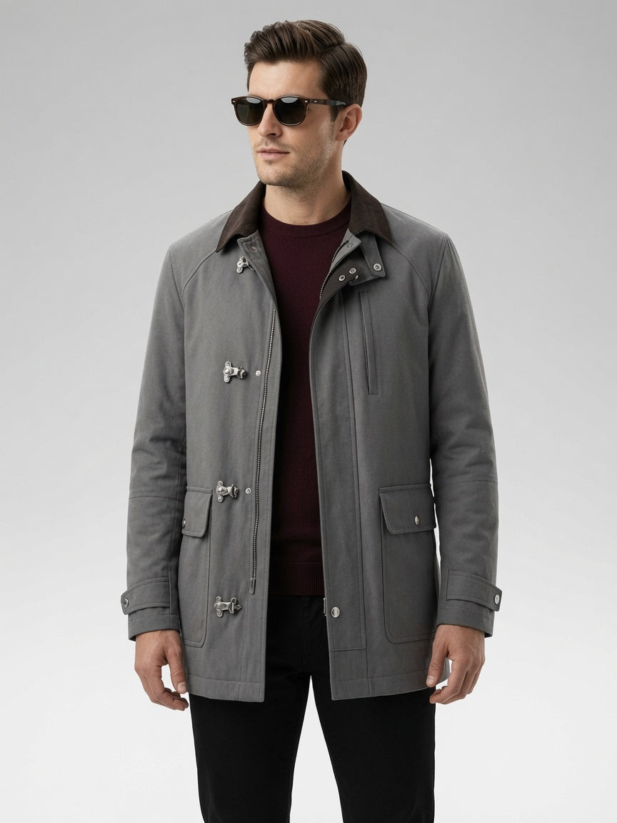 Mikhail Grey Suede Fireman Jacket with Metal Clasps