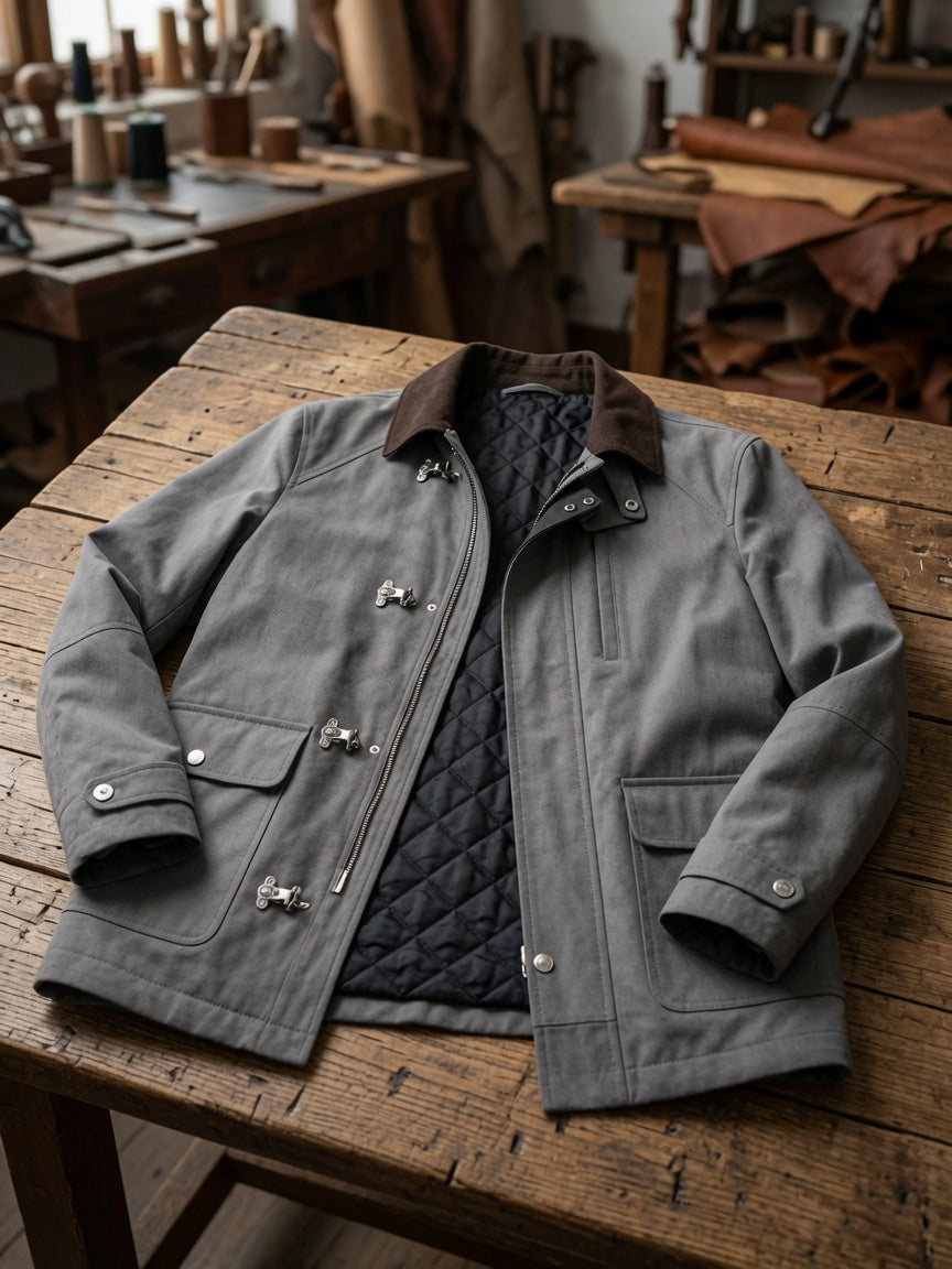 Mikhail Grey Suede Fireman Jacket with Metal Clasps