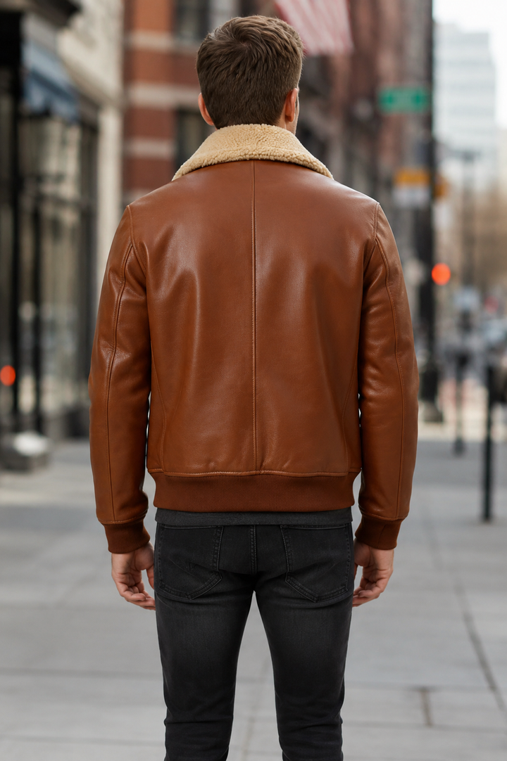 Mikhail Men’s Cognac Brown Leather Bomber Jacket