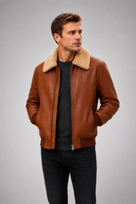 Mikhail Men’s Cognac Brown Leather Bomber Jacket
