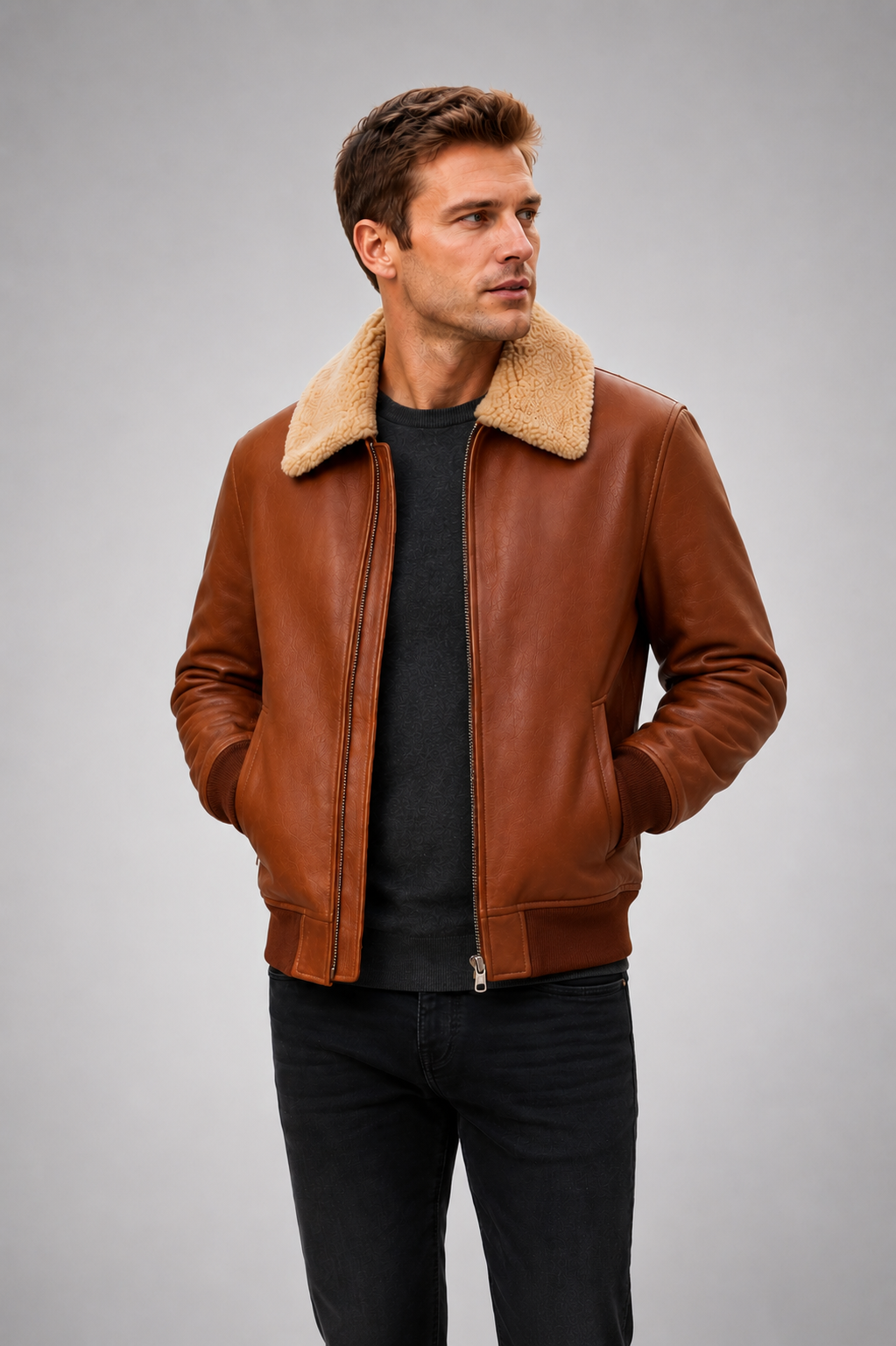Mikhail Men’s Cognac Brown Leather Bomber Jacket