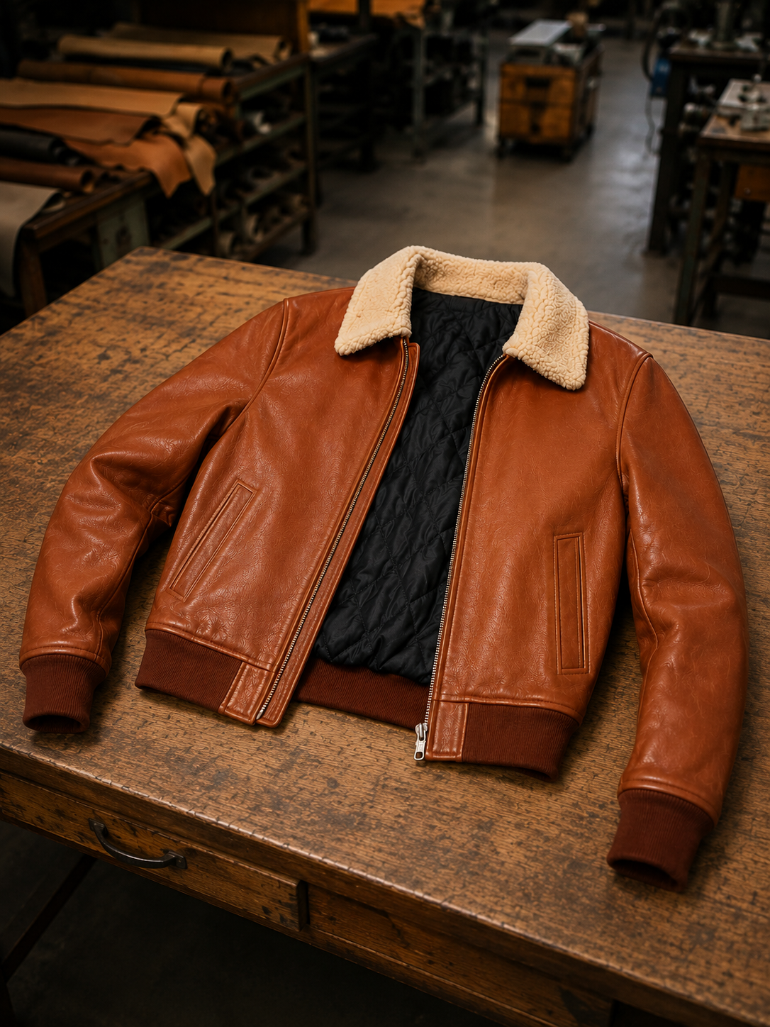 Mikhail Men’s Cognac Brown Leather Bomber Jacket