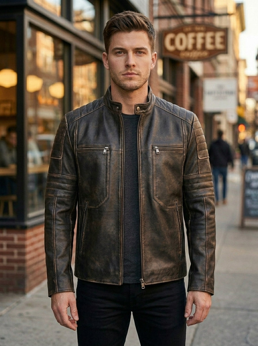 Morant Men's Vintage Slim-Fit Brown Leather Jacket