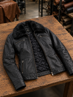 Morgan fur Collar Black Leather Jacket For Women
