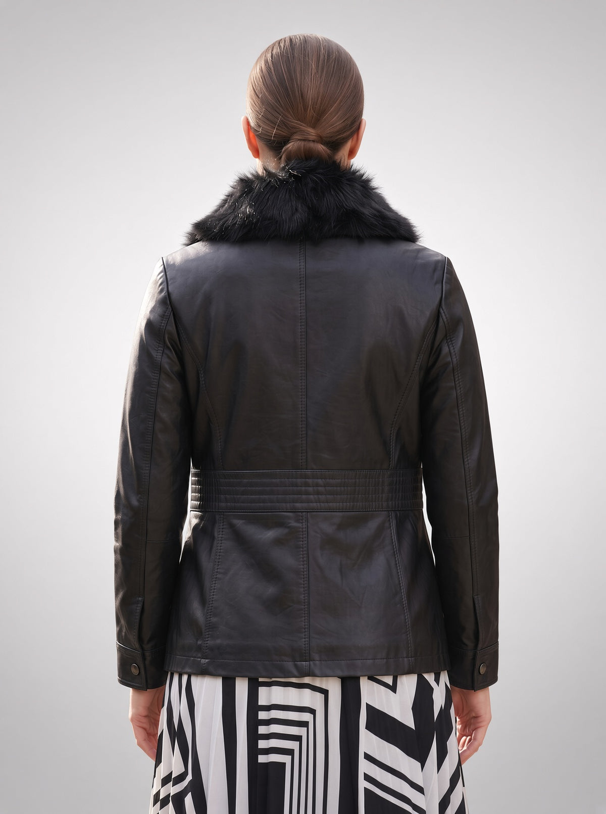 Morgan fur Collar Black Leather Jacket For Women